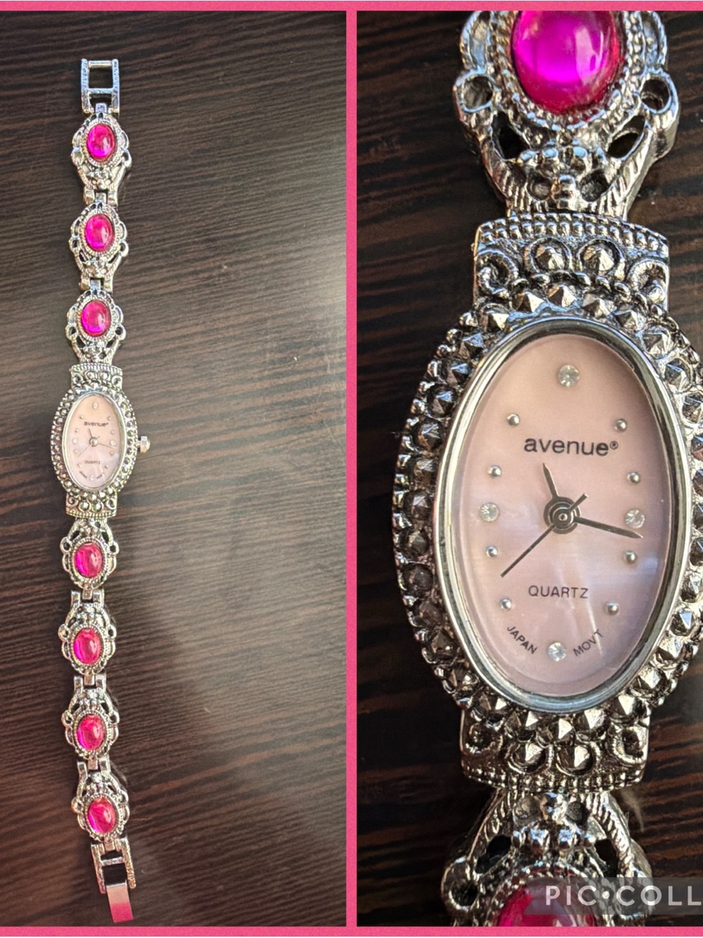 Avenue Silver-Tone Bracelet Watch with Pink Dial and Fuchsia Stones